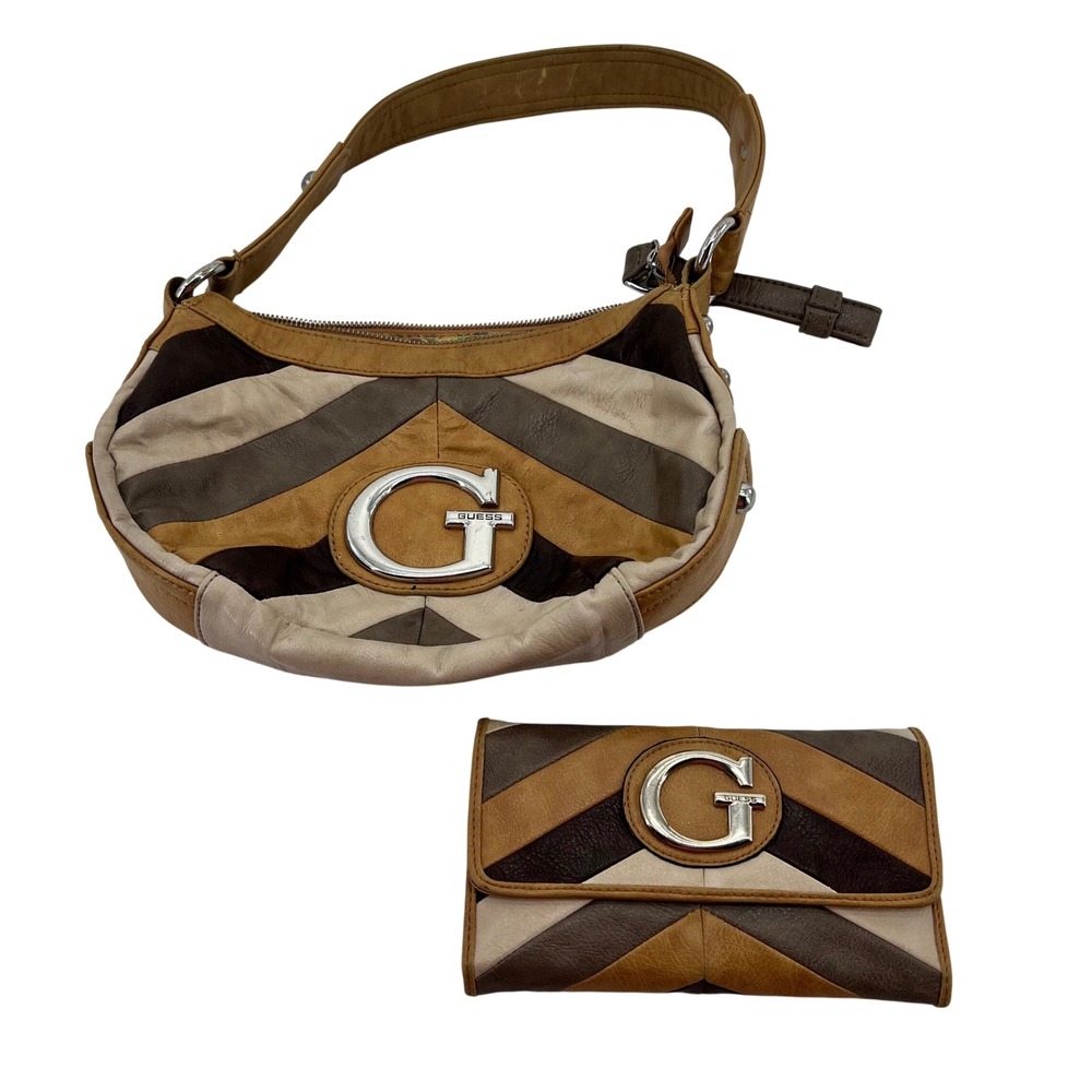 Vintage Guess Shoulder Bag and Wallet Set Brown Tan Chevron Y2K Hobo Bag